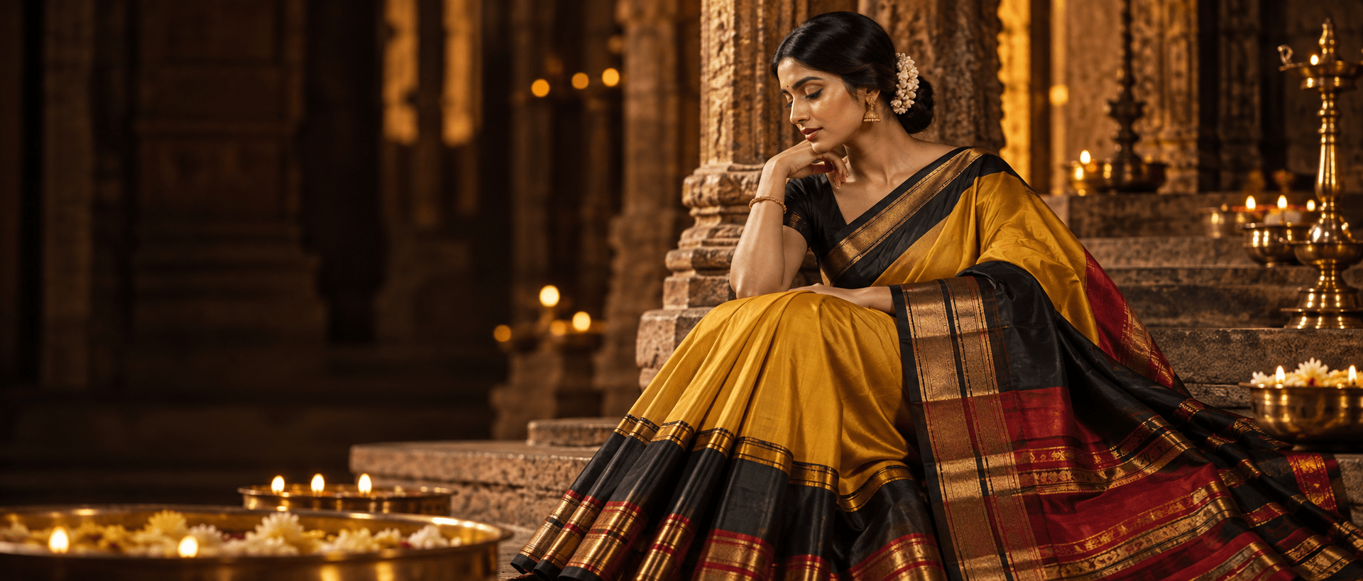 Woman wearing a yellow, black and gold Ilkal saree in a warmly lit heritage setting