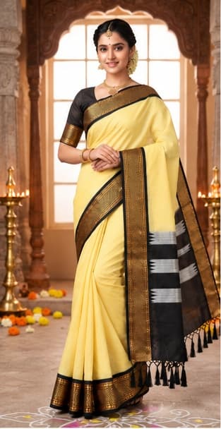 Woman wearing a mustard and black Ilkal saree with a dark pallu in a heritage setting