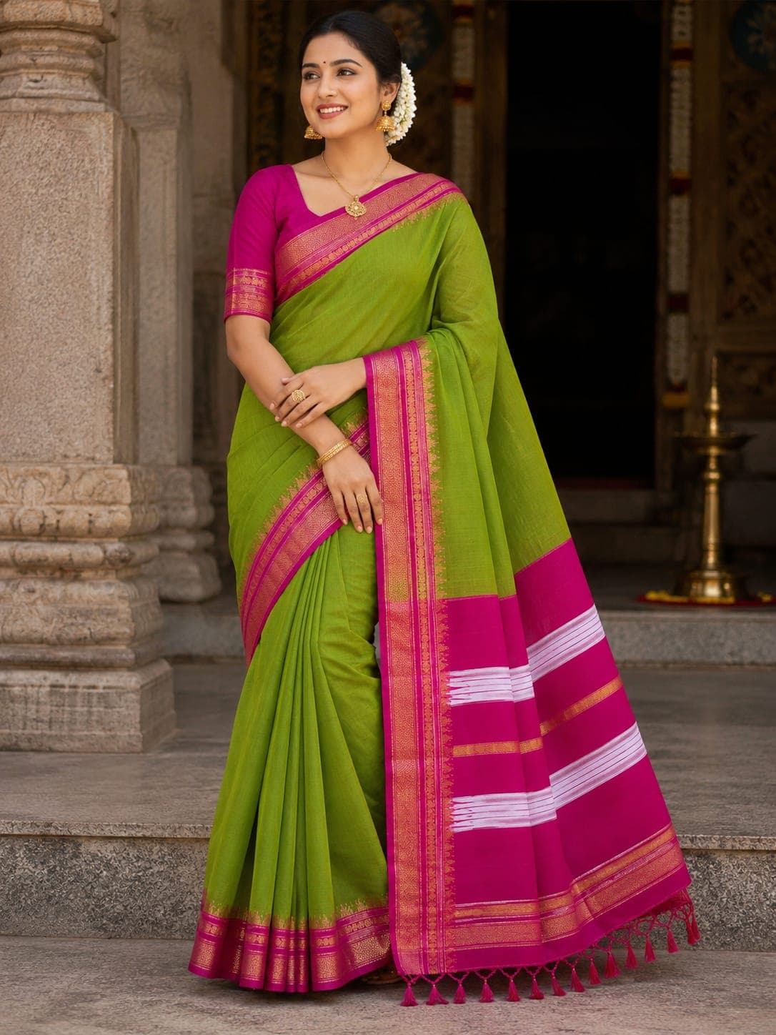 A woman wearing a bright green and magenta saree in a heritage temple setting.